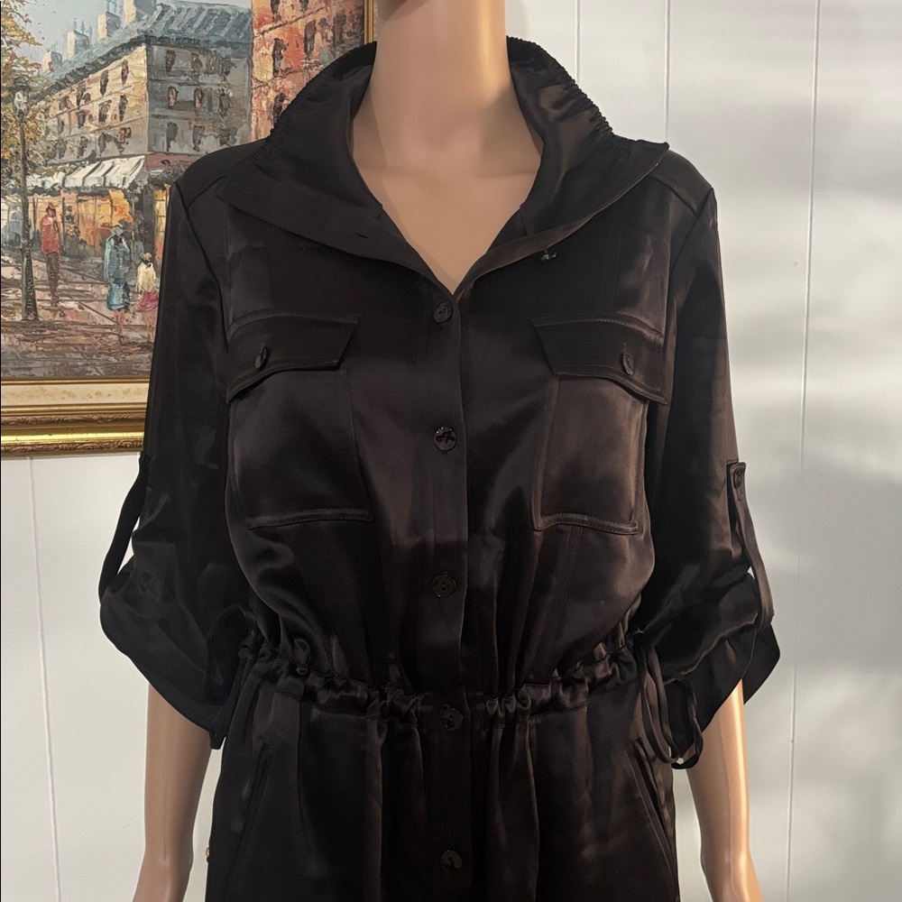 St. John Black Satin‎ Button Down 3/4 sleeves Midi Dress Size 10 - Picture 3 of 16